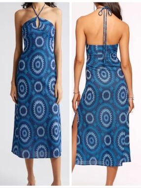 Ramy Brook Aya Halter Midi Dress Blue Medallion Print Knit Party Wedding Guest 4